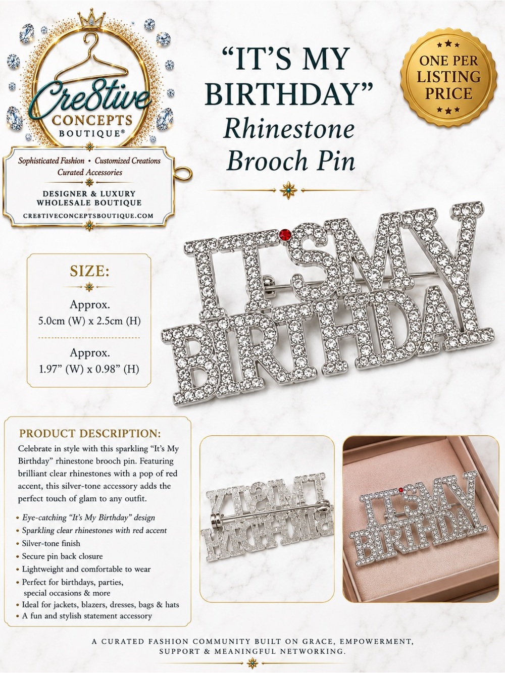 “It’s My Birthday” Rhinestone Brooch Pin – Silver-Tone Statement Jewelry
